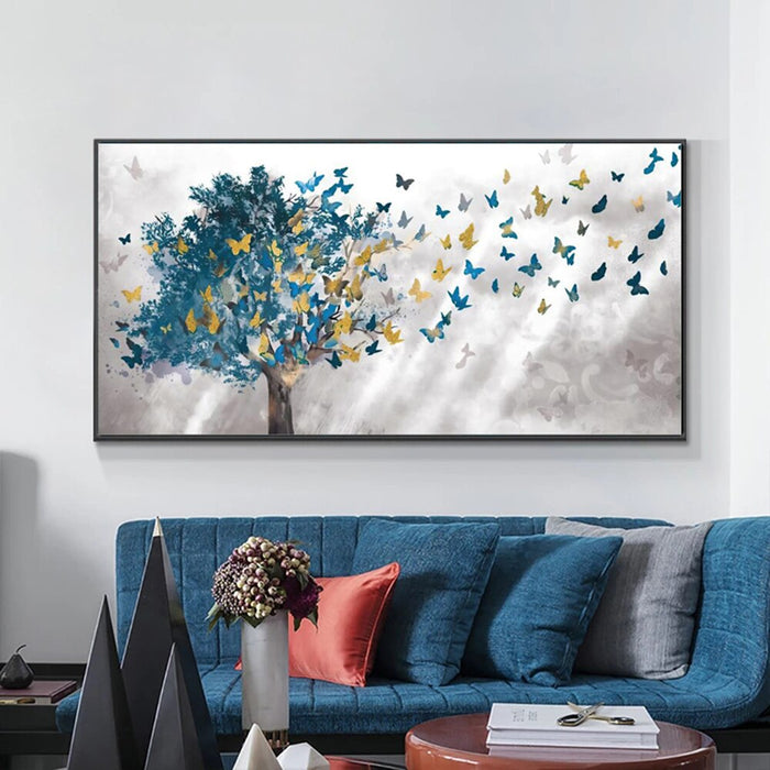 Kunstdrucke kaufen: "Blue Tree Gold Butterfly Abstract Leaves" Wall Art