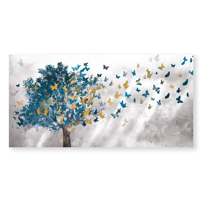Kunstdrucke kaufen: "Blue Tree Gold Butterfly Abstract Leaves" Wall Art